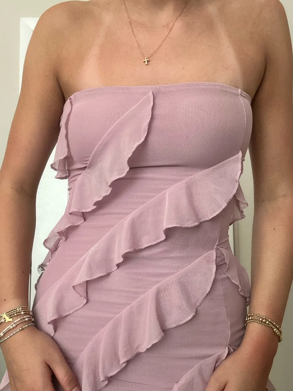 Oh Polly Strapless Ruffle Asymmetric Midi Dress - Dusty Pink - Picture 3 of 6